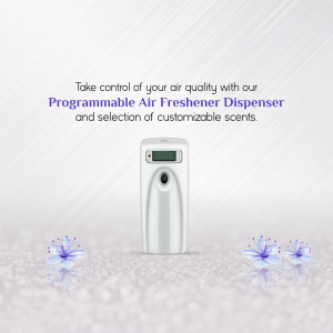 Silver air freshener dispenser with blue flowers on a white gradient background