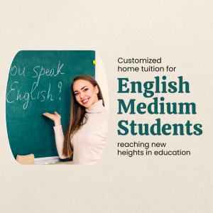 Woman teaching English, promoting home tuition for English medium students