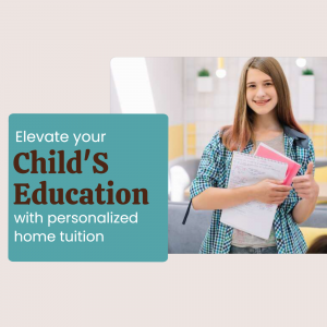 A young student smiling and holding books with a promotional graphic for personalized home tuition.