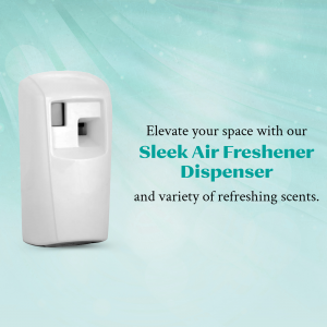 White automatic air freshener dispenser on a light blue background with text.
