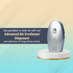 Image of a modern, silver air freshener dispenser on a pedestal with a gradient background.