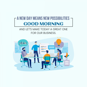 Illustration of a team brainstorming in an office setting with a 'Good Morning' message.