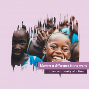 Group of smiling African children with a textured frame and text overlay.