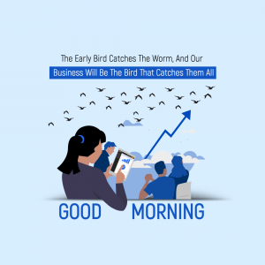 Illustration of a woman using a tablet with birds flying towards a rising graph, representing a successful business strategy.