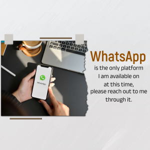 Image promoting WhatsApp as the preferred contact method, showing a hand holding a phone with the WhatsApp app open, alongside a laptop and coffee.