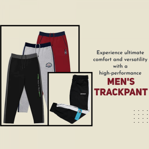 A collage of four different colored men's trackpants - black, grey, red and navy blue.