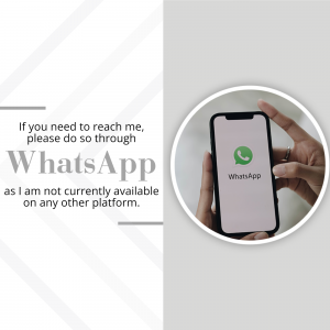 Image displaying a hand holding a smartphone with the WhatsApp logo on the screen, indicating preferred contact method.