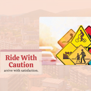 Road safety sign with caution message and images of cyclists and pedestrians.