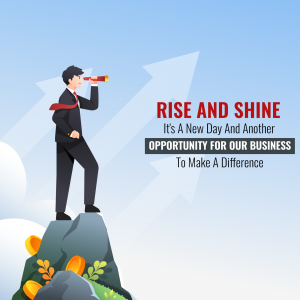 Man looking through binoculars at a rising arrow, symbolizing business opportunity.