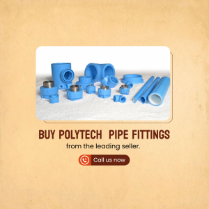 Assortment of blue Polytech pipe fittings with a call to action.
