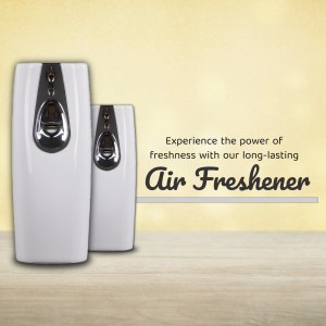 Two white air freshener dispensers against a beige background with text promoting freshness.