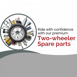 Image of a wheel filled with various two-wheeler spare parts with text promoting premium spare parts.