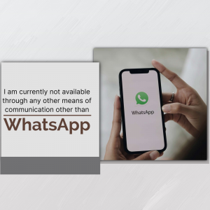 Hand holding a smartphone displaying the WhatsApp application with a message indicating communication is only through WhatsApp.