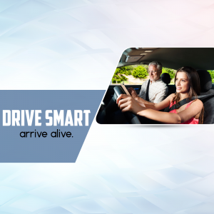 A young woman taking a driving lesson with an instructor in a car.