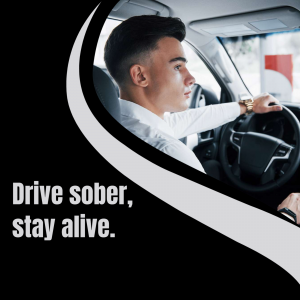 A man driving a car with a message promoting sober driving.