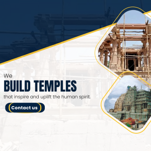 Image of temple construction with text 'We Build Temples that inspire and uplift the human spirit.'