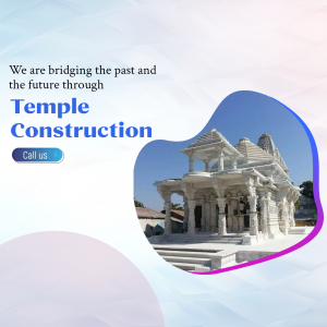 Image of a white temple with a blue and purple abstract background and text promoting Temple Construction services.