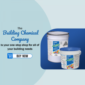 Image of building chemical products with a promotional message.