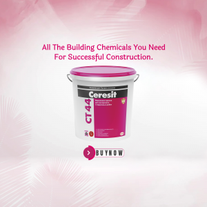 Image of a white bucket of Ceresit CT 44 building chemical with a pink background and a 'Buy Now' button.