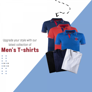A promotional image showcasing a variety of men's t-shirts in blue, red, and white.