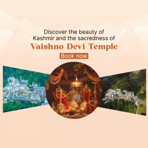 Image promoting Vaishno Devi Temple and Kashmir tourism with a 'Book Now' call to action.