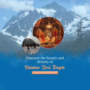 Image of Vaishno Devi Temple with mountain backdrop and tour promotion