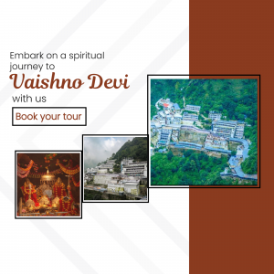 Vaishno Devi Temple aerial view with tour booking advertisement