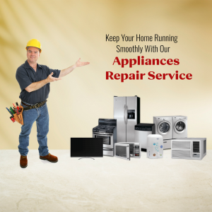 Man in hard hat presenting home appliances with repair service text