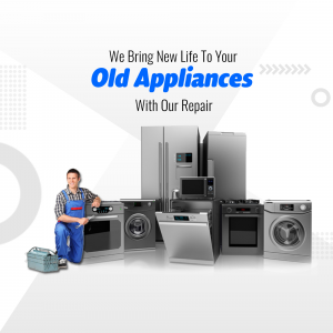 Appliance repairman with various appliances