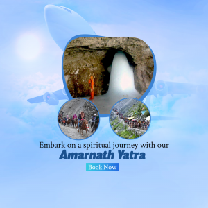 Amarnath Yatra travel package advertisement with airplane and cave image