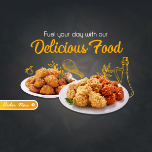 Image of fried chicken with text 'Fuel your day with our Delicious Food'