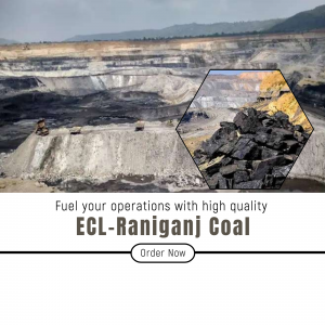 Aerial view of a coal mine with a promotional graphic for ECL-Raniganj Coal.