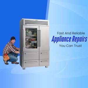 Appliance repair technician working on a stainless steel refrigerator