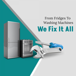 Image of a refrigerator, stove, and repair tools with text 'We Fix It All'