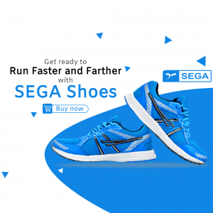 Blue SEGA running shoes with a promotional banner.