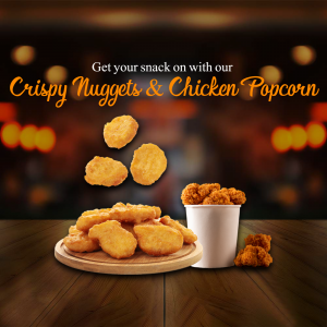 Close-up of crispy chicken nuggets and popcorn in a promotional image.