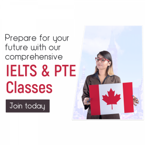 A woman holding a Canadian flag promoting IELTS and PTE classes for studying abroad.