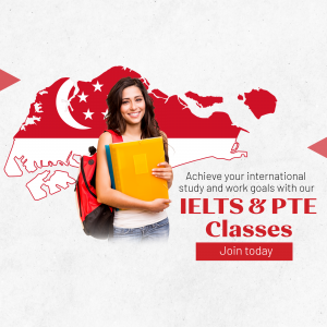 Young woman with backpack and books in front of a Singapore map promoting IELTS and PTE classes.