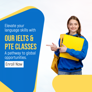 Young woman pointing towards IELTS & PTE classes advertisement