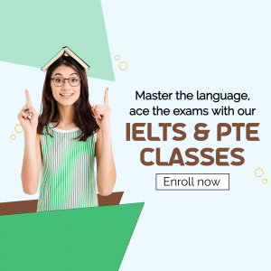 Young woman pointing upwards with text promoting IELTS and PTE classes.