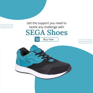 SEGA Shoes advertisement with a focus on support and challenge tackling.