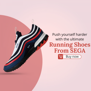 Close-up of SEGA running shoes with promotional text