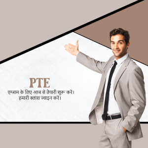 Man in a suit presenting, with PTE exam information.