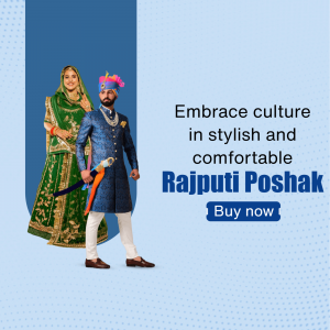 Couple wearing traditional Rajputi attire with a call to action to buy now.