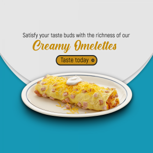 Close-up of a creamy omelette with cheese and ham, served on a white plate.
