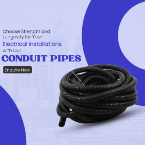 Black corrugated conduit pipes coiled on a light blue and white background with text promoting their strength and longevity.