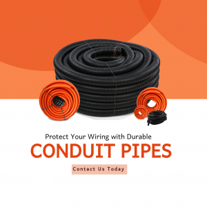 Black and orange conduit pipes stacked on a white surface with text promoting wiring protection.