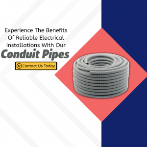 Coiled grey conduit pipe on a red and blue background with text promoting electrical installations.