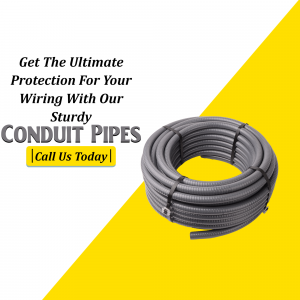 Coiled gray conduit pipes on a yellow and white background with text promoting wiring protection.
