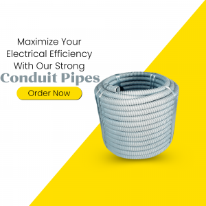 Gray conduit pipes coiled on a yellow and white background with a call to action.